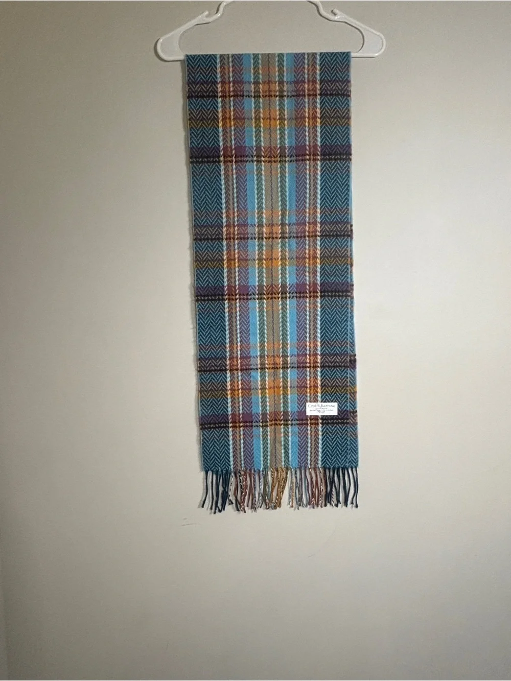 croft & barrow teal, light blue, mustard, purple plaid fringe scarf